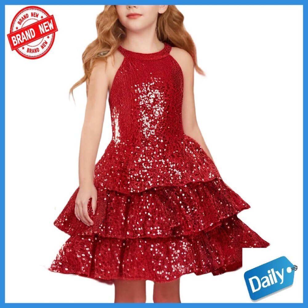 Girls Sparkly Sequin Party Dress Formal Halter A-Line Size 6-14